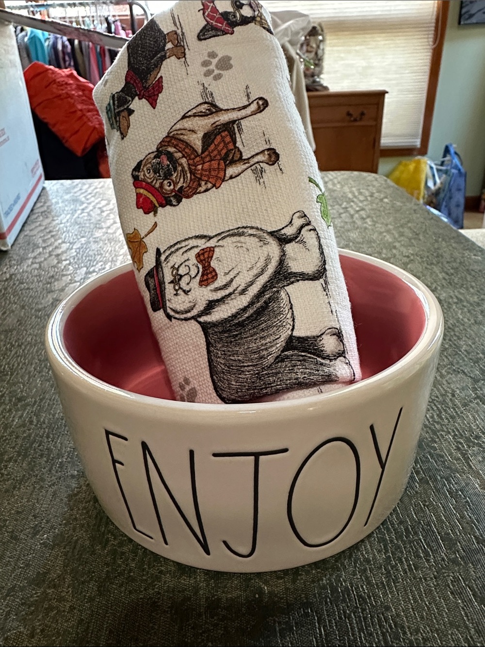 Rae Dunn Cream Ceramic Dog Bowl with Pink Interior - ENJOY & Dog Tea Towel